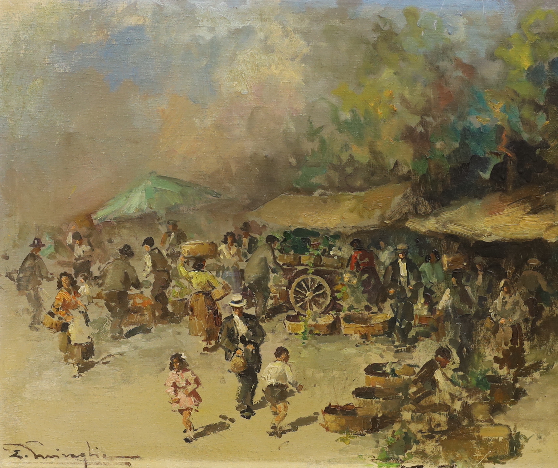 Impressionist oil on canvas, Market scene with figures, indistinctly signed, 38 x 48cm